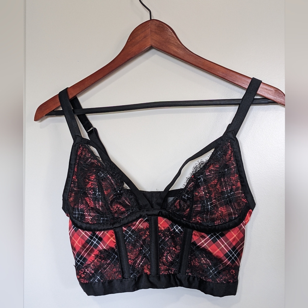 Victoria's Secret Very Sexy Red/Black Lace Plaid Satin Corset Strappy Bra Size M